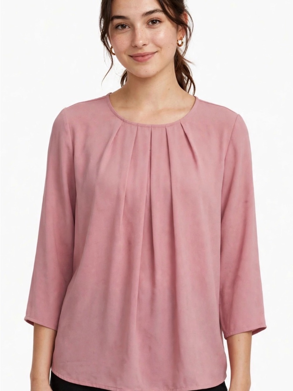 Ann Taylor Rose-Pink Pleated Round-Neck Blouse